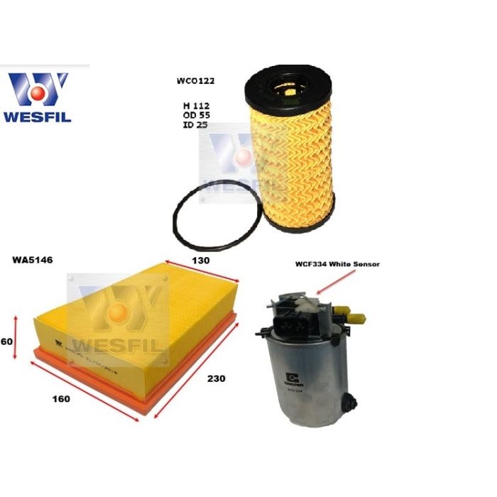 Wesfil Oil Air White Fuel Filter Service Kit for Nissan Dualis TS J10 1.6 2.0 07-16