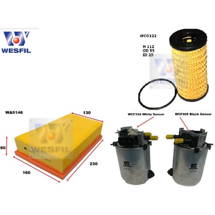 Wesfil Oil Air Black Fuel Filter Service Kit for Nissan Dualis J10 1.6 2.0 07-16