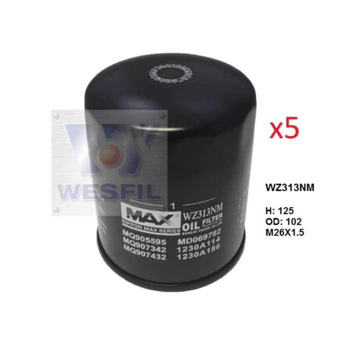 5 x Wesfil Oil Filters WZ313NM for Mitsubishi Mazda Ford